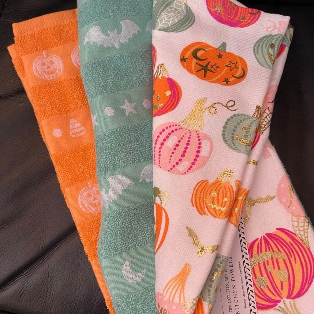 Halloween Cupcakes and Cashmere Pumpkin Kitchen Towel Set of 3